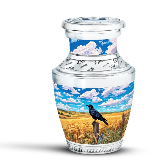 KARYLIZ Crow Decorative Urns - Funeral Urns For Human Ashes Adult Man & Women - Crow in Golden Fields Memorial Small Urn For Human Ashes Adult Female & Male - Cremation Urn For Mom & Dad 3 Inch