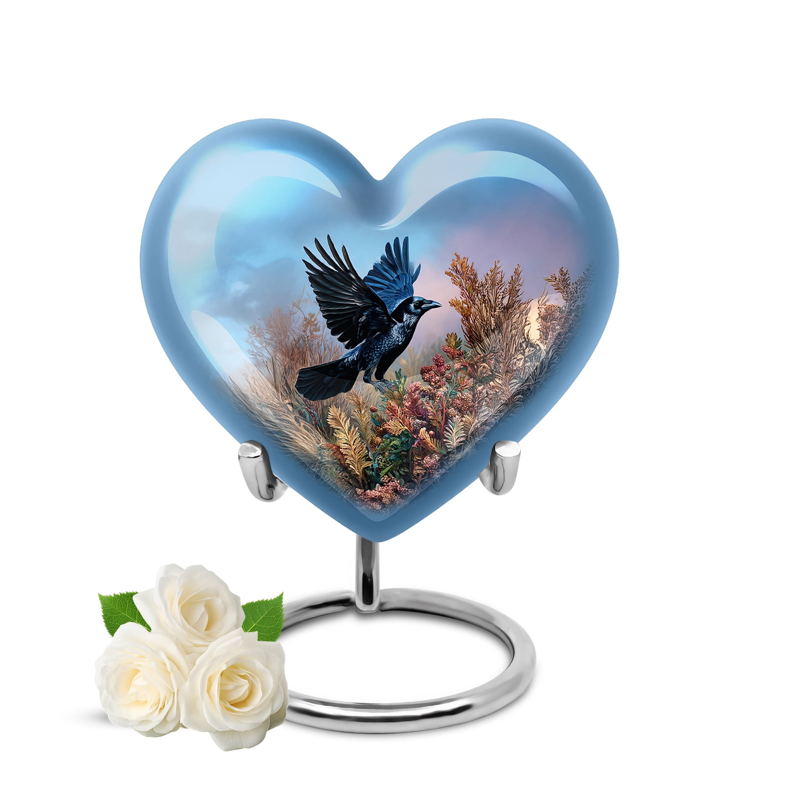 KARYLIZ Crow Heart Shaped Cremation Keepsake Urns For Human Ashes Male & Female - Crow over Autumn Funeral Urn For Ashes For Women & Men - Memorial Tiny Urns For Mom & Dad - Decorative Urn 3 Inch