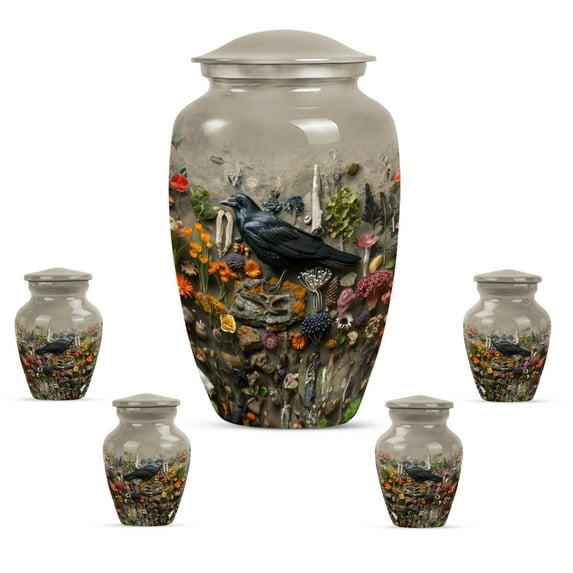 KARYLIZ Crow Urn - Urn For Ashes Adult Male - Combo Of 5, Large 10 Inch & Small 3 Inch - Funeral Urns For Adult Ashes Men - Keepsakes for Ashes Of Loved Ones - Midnight Green Cremation Funeral