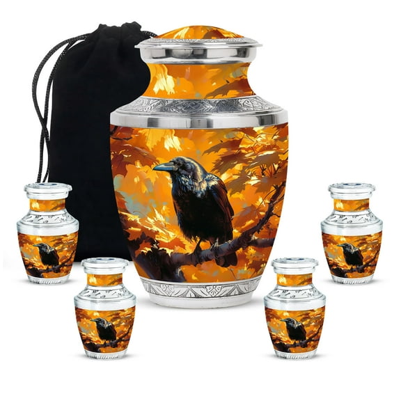 KARYLIZ Crow Urns For Human Ashes - Urns for Human Ashes Adult Man - Orange Mini Keepsake Urn for Female & Male - City Night Small Cremation for Ashes Keepsake