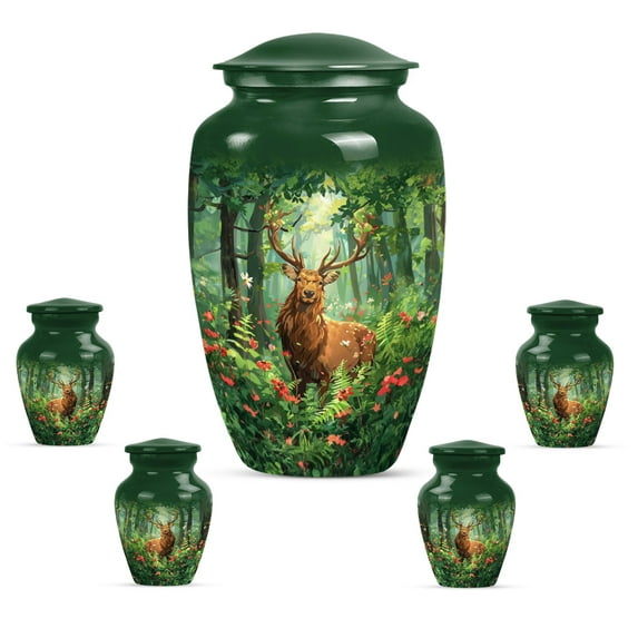KARYLIZ Deer Ashes Keepsake - Green 10" Large Funeral Urn with 3" Mini Keepsake - Decorative Cremation Urns for Adult Ma - Small Deer Urns for Human Ashes - Small Urn for Human Ashes Keepsake