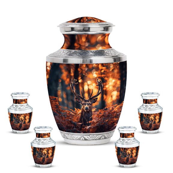 KARYLIZ Deer Urn for Ashes Adult Male - Golden Black Funeral Keepsake Urns For Human Ashes Dad - Memorial Cremation Small Urns For Man & Women - Mini Keepsakes For Mom (Combo 10" & 3", Set of 5)