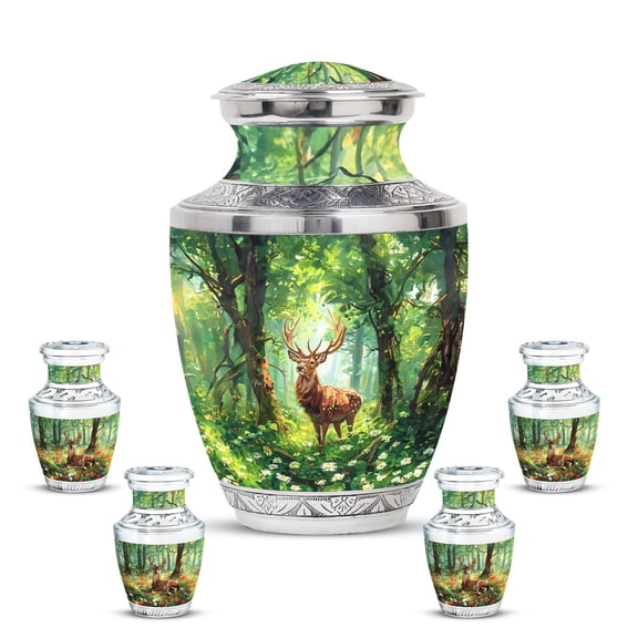 KARYLIZ Deer Urns - Green Forest Large Urns for Human Ashes Adult Male & Female - Cremation Urn for Adult Human Ashes - Decorative Funeral Urn for Women