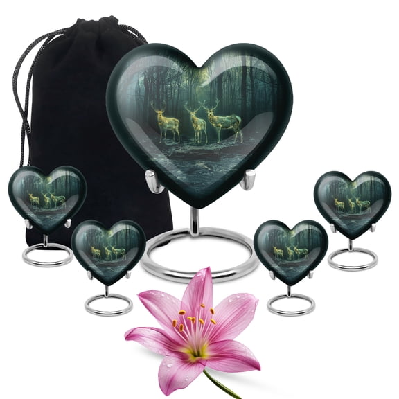KARYLIZ Deer Urns For Human Ashes - Mini Heart Box - Cremation Urns For Human Ashes - Set Of 5, 8 Inch & 3 Inch - Deer Family Ash Holders For Human Ashes - Mini Keepsake Urns For Human Ashes