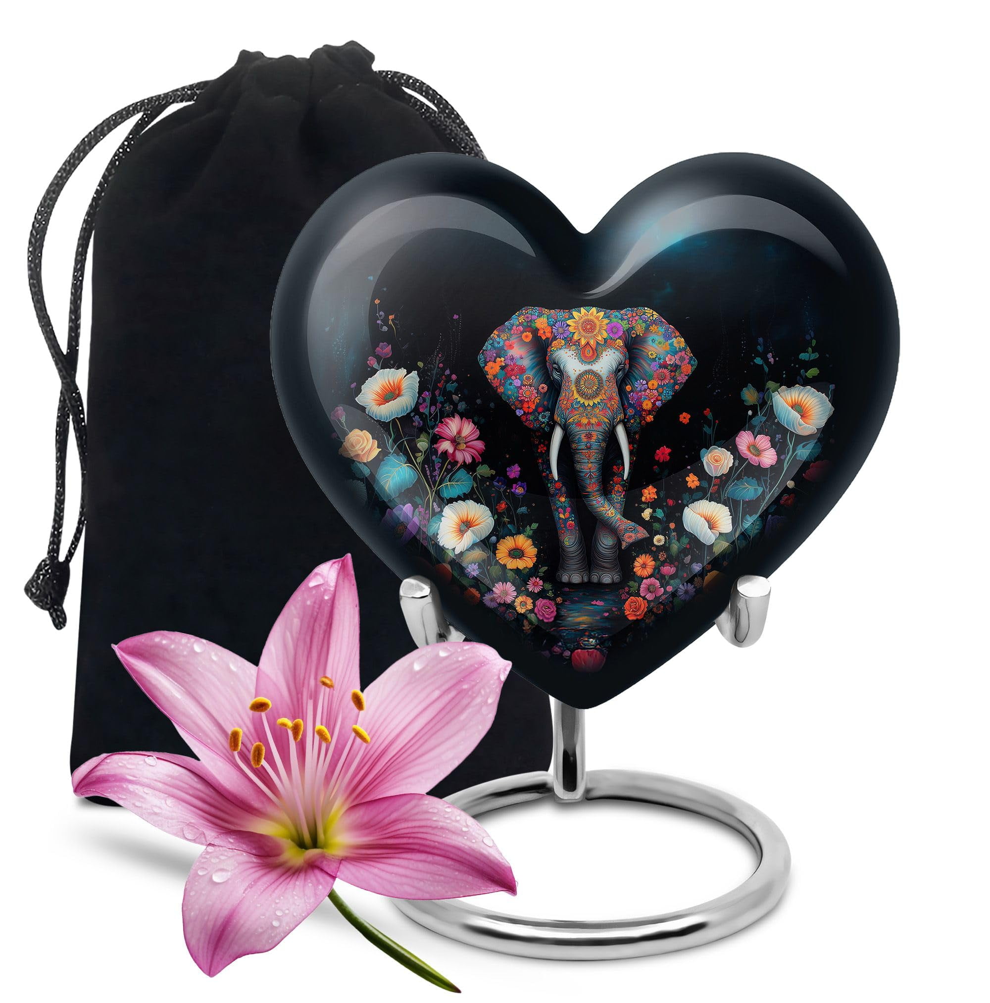KARYLIZ Elephant Large Outdoor Urns for Human Ashes Female - Cremation Multi Color Flower Burial Urns for Adult - Floral Funerary Adult Black Funeral Urn for Ashes 8 Inch