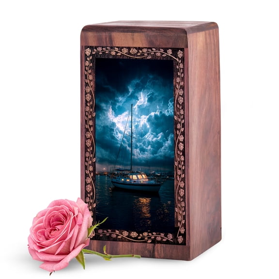 KARYLIZ Engraved Wooden Urn - Yacht Urn for Dad Ashes - 5 Inch Keepsake Cremation Urns for Adult Male - Wooden Urn with Name - Memorial Gift for Loss of Dad - Sympathy Box