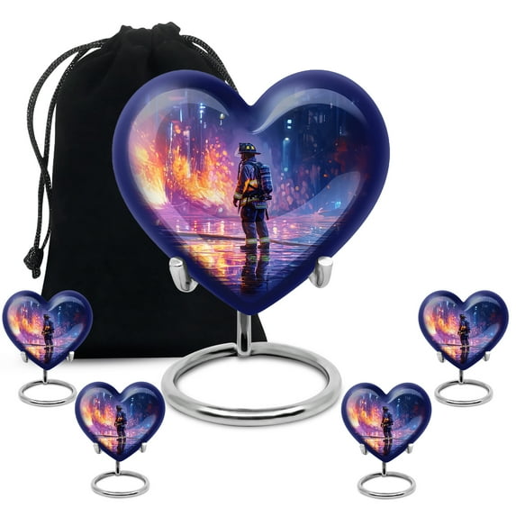 KARYLIZ Fire Fighter Funeral Urns For Adult Ashes Men - Combo of 5, 10 Inch & 3Inch - Heart Shaped Cremation Keepsake Urn Human Ashes - Blue Burial Urns For Cremated Remains - Urns For Male Female