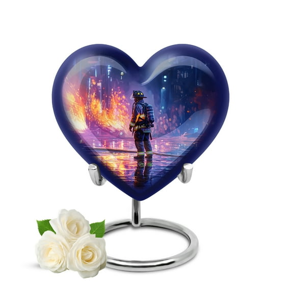 KARYLIZ Fire Fighter Funeral Urns For Adult Ashes Men - Heart Shaped Cremation Keepsake Urn Human Ashes - Blue Burial Urns For Cremated Remains - Decorative Urns For Male Female (3inch)
