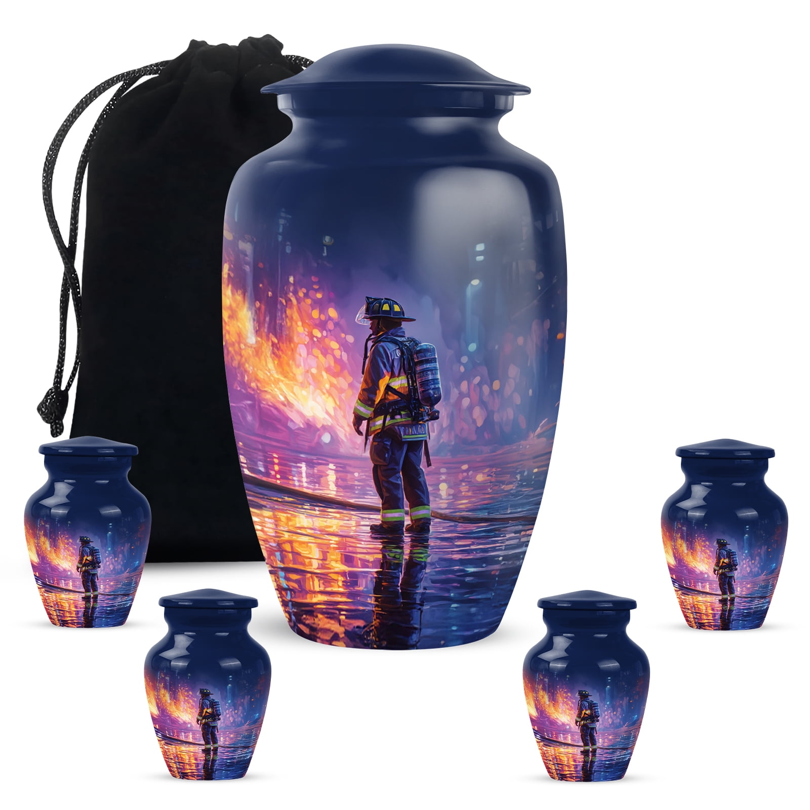KARYLIZ Fire Fighter Urn - Blue Funeral Urn For Ashes Adult Male - Cremation Keepsake Urns For Human Ashes - Memorial Decorative Urns For Female - Burial For Women Mom - Combo of 5, 10 Inch & 3 Inch