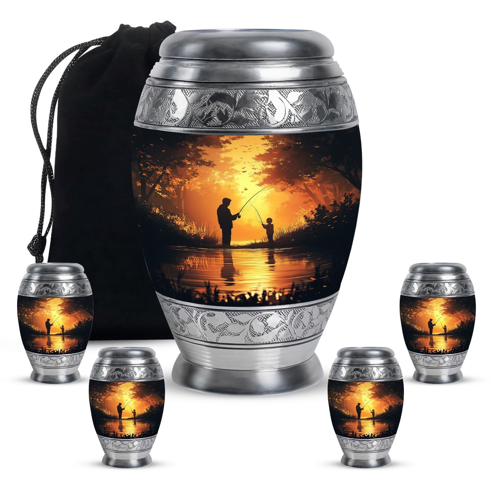KARYLIZ Fisherman Urns for Ashes Combo of 5 – 8 Inch Yellow Heart Funeral Urn for Adult Female & Men and 3 Inch Mini Keepsake Urns for Husband & Adults – Fishing Memorial Cremation Ash Holder Set