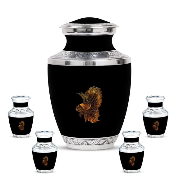 KARYLIZ Fishing Urns for Human Ashes Adult Man - Large Cremation Small Urns For Human Ashes Keepsake - Memorial Urns for Male - Black Funeral Urn for Adult Ashes Women (Combo 10" & 3", Pack of 5)