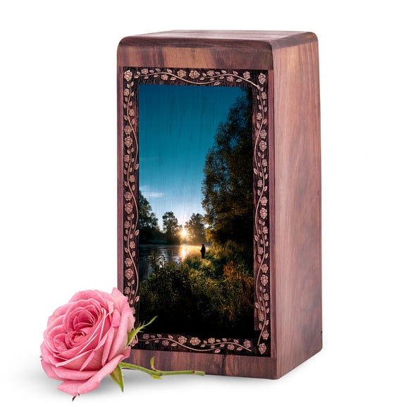 KARYLIZ Fishing Wooden Ashes Box - 11 Inch Large Personal Wood Urn for Adult Women - Engraved Wooden Urn - Cremation Box for Human Ashes Adult - Funeral Urns for Mother