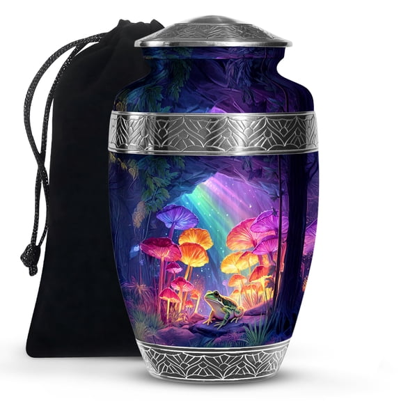 KARYLIZ Frogs Decorative Urns For Women & Men - Cremation Urn For Ashes Adult Male - Blue with Neon Rainbow Large Urns For Human Ashes Adult Female - Mushrooms Memorial Urn For Mom & Dad 10inch