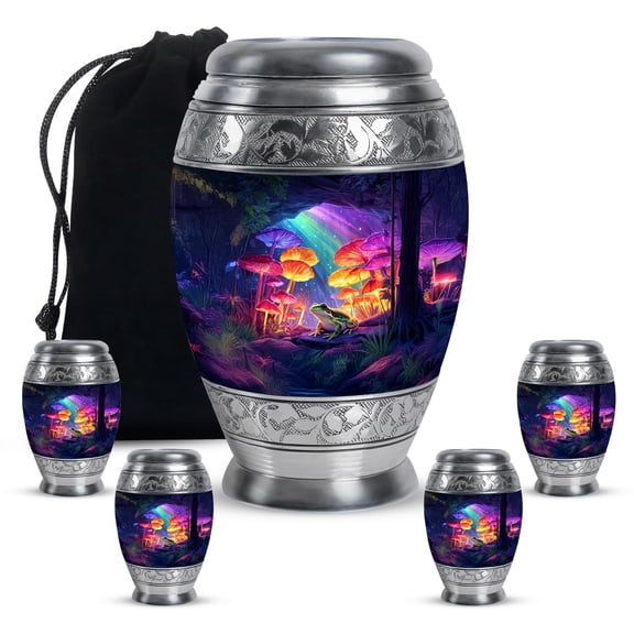 KARYLIZ Frogs Funeral Urns For Women & Men - Cremation Urn For Ashes Adult Male - Mushrooms Small Urns For Human Ashes Adult Female - Rainbow Keepsake Urn For Mom & Dad -10 Inch & 3 Inch, Combo of 5