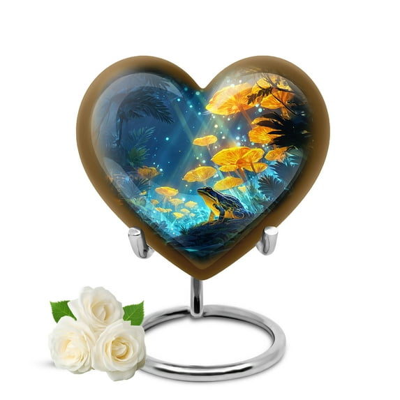 KARYLIZ Frogs Heart Shaped Urns for Ashes for Adult Female & Male - Yellow Funeral Decorative, Mushrooms Cremation Urns for Mom & Dad - Mini Kepsake Memorial Urn for Women & Men - Small 3 Inch