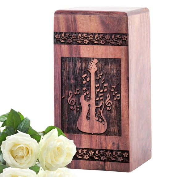 KARYLIZ Guitar Wooden Urns 11.25-Inch - Funerary Urns - Engraved Wooden Urn Box For Adult Male Ashes - Engraved Guitar Pattern Memorial Gift - Large Urn - 11.25 Inches