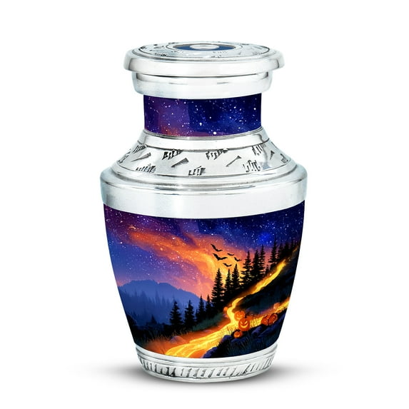 KARYLIZ Halloween Small Keepsake Urns for Adults Men - Forest Sunset Funeral Urn for Male - Mini Keepsake Cremation Urns for Human Ashes - Purple Decorative Memorial Tribute for Female (Size - 3inch)
