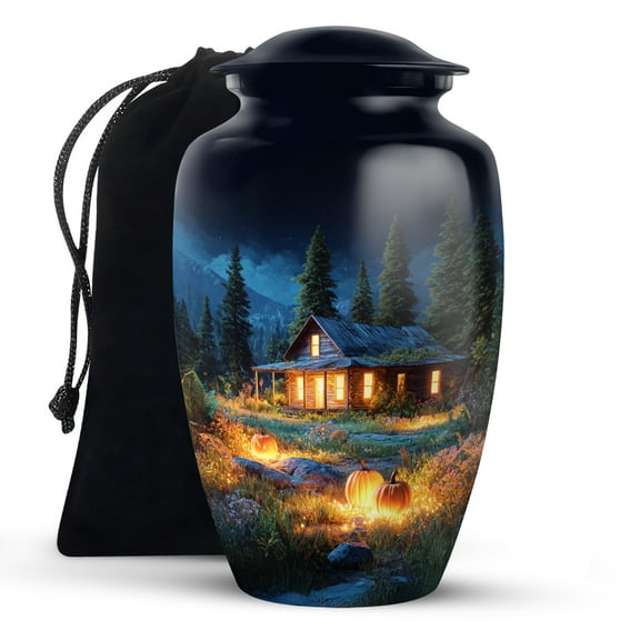 KARYLIZ Halloween Urns - Cabin in Forest Funeral Urn For Ashes For Women - Large Urn for Burial in Ground Cremation - Blue Memorial Decorative Urns for Male & Female