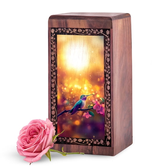 KARYLIZ Hummingbird Wooden Urn for Adults - Engraved Urn for Human Ashes - Cremation Urns Box for Human Ashes Adult Man Woman, Burial Box, 11 Inch Large Wooden Urns for Women
