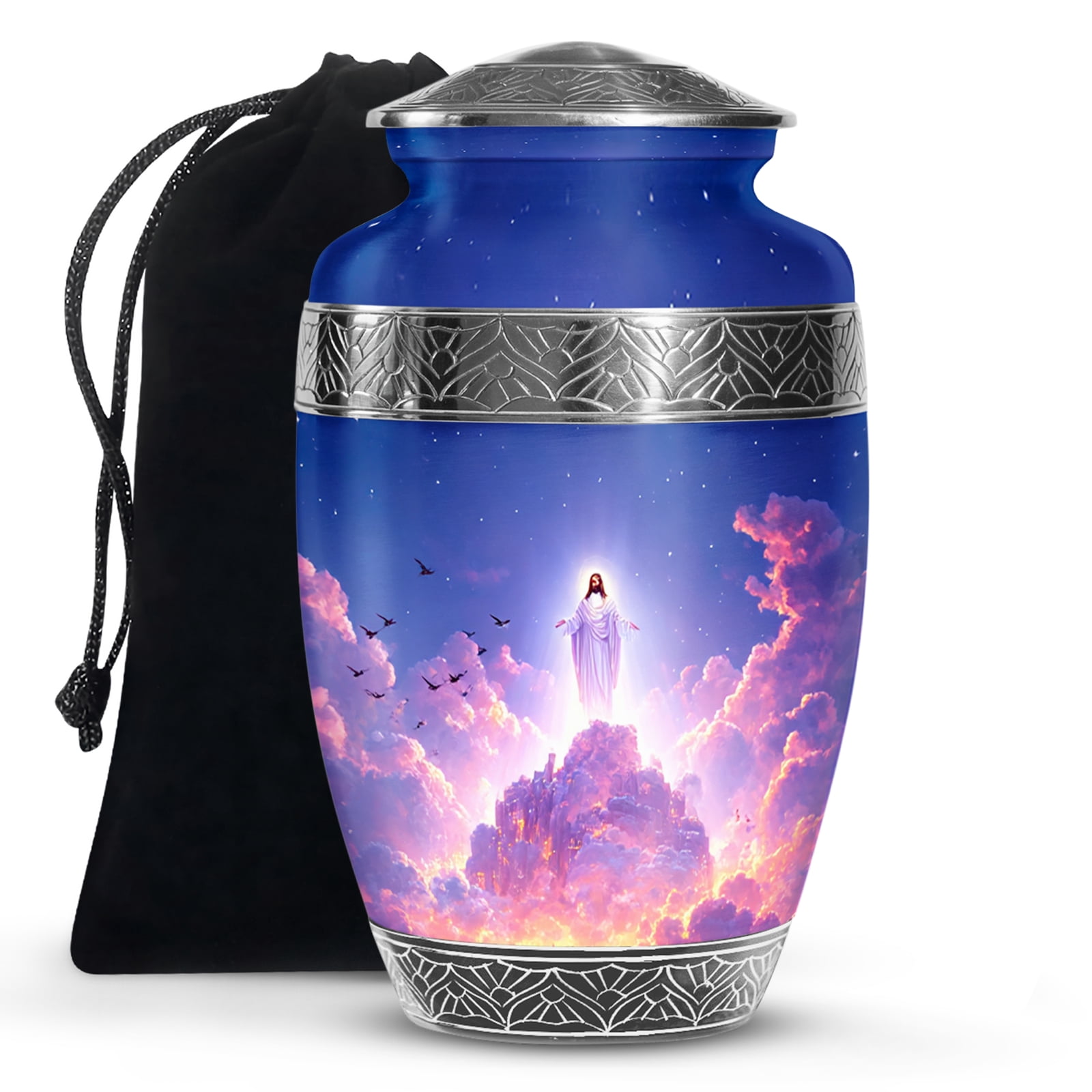 KARYLIZ Jesus Christ Decorative Urns for Burial & Funeral - Midnight Blue Large Cremation Urns for Adults - Funeral Urn for Ashes Adult Female Mom - Human Ash Urn for Ashes Adult Male Drummer 10 Inch