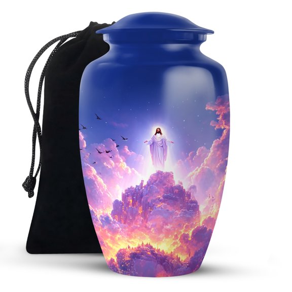 KARYLIZ Jesus Christ Urn for Ashes Adult Male - Blue Cremation Urn for Ashes for Women, Memorial Urns for Man, Decorative Funeral Urns for Mom & Dad