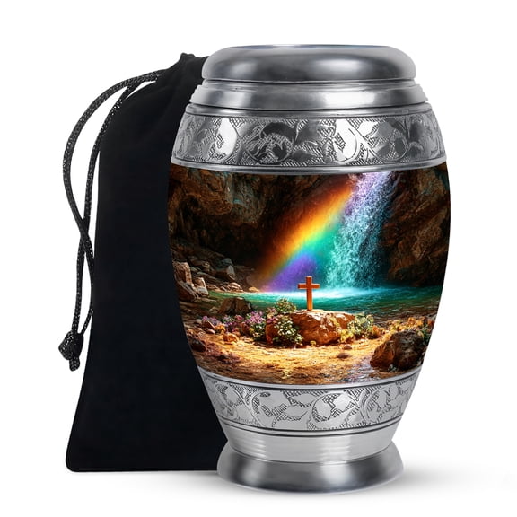 KARYLIZ Jesus Cross Funeral Urns For Human Ashes Adult Man & Women - Rainbow Waterfall Decorative Large Urns For Human Ashes Adult Female - Brown Memorial Urn For Male - Cremation Urn For Mom 10 Inch