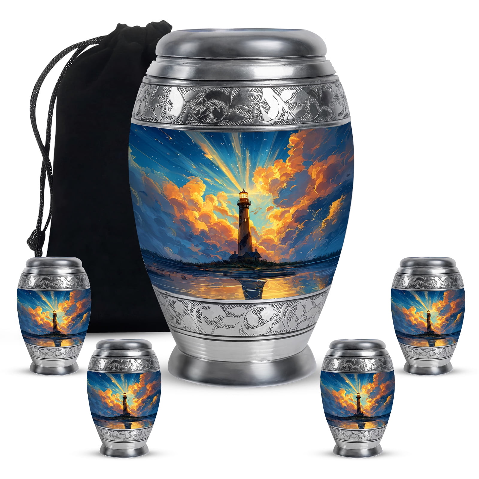 KARYLIZ Lighthouse Keepsake Urns For Human Ashes Set, Cremation Funeral Urn for Human Ashes, Keepsake Memorial Gift, Beautiful Mini Urns for Ash Container, Combo (10 Inch & 3 Inch Mini Set of 4)
