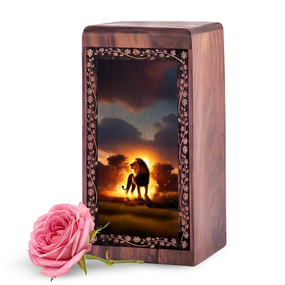 KARYLIZ Lion Wooden Urns for Human Ashes - Personal Wooden Cremation Urn for Adult Male - Wood Ash Urns for Humans - Wood Cremation Boxes for Human Ashes - 11 Inch Large