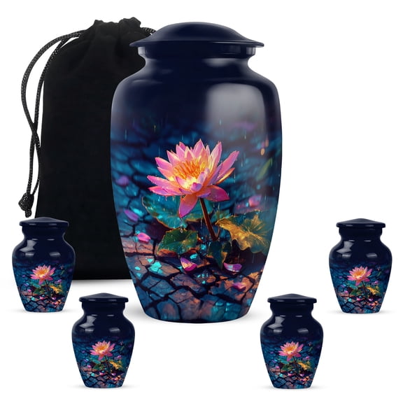 KARYLIZ Lotus Cremation Urns - Combo of 5 with 10 Inch Memorial Burial Urn for Adult Grandparent and 3 Inch Mini Blue Keepsake Urns for Mother's Ashes - Funeral Ash Containers for Adults