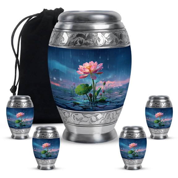 KARYLIZ Lotus Urn for Ashes Adult Female - Funeral Urns for Human Ashes Adult Man - Small Cremation Keepsakes for Ashes - Blue Urns for Women & Men - Ash Holders for Mom Dad (Combo of 5, 10" & 3")