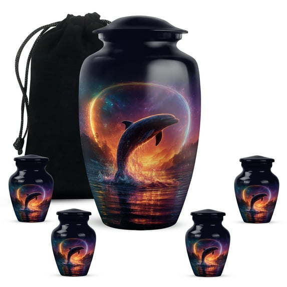 KARYLIZ Mini Urns For Human Ashes Dolphin - Purple Night Urns For Human Ashes Adult Man, Funeral Urns For Adult Ashes Women (10 Inch Urn & 3 Inch, Set of 5)