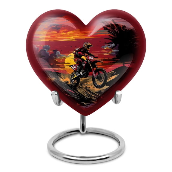 KARYLIZ Motorcycle Small Urn for Human Ashes Mom - Sunset Heart Funeral Cremation Urns for Men & Women - Motorcycle Urns for Ashes Adult Male - Mini Keepsake for Adults Female - Ash Container 3 Inch