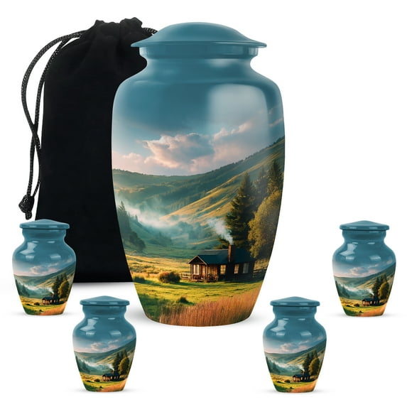 KARYLIZ Mountains Clouds Cremation Decorative Urn - Urn Box For Ashes Adult Male - Blue & Green Urns For Burial - Small Urns For Human Adult Female - Funeral For Women 10 Inch & 3 Inch, Combo of 5