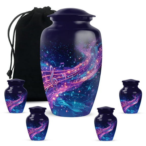 KARYLIZ Music Cremation Urn For Ashes For Women, Large Purple Funeral Urns For Human Ashes Adult Man, Musical Night Sky Small Urns For Keepsake, Burial Urn for Male (10 Inch & 3 Inch, Set of 5)
