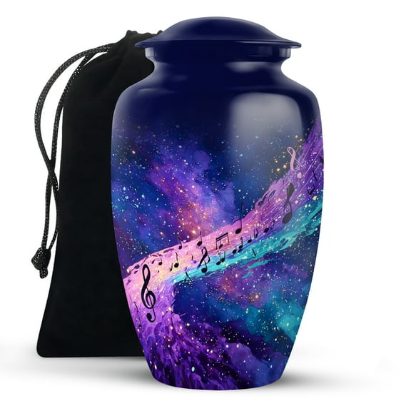 KARYLIZ Music Urn - Decorative Urn For Ashes Adult Male - Purple Starry Large Funeral Urns for Female Mom & Dad - Black Musical Notes Cremation Urns for Human Ashes