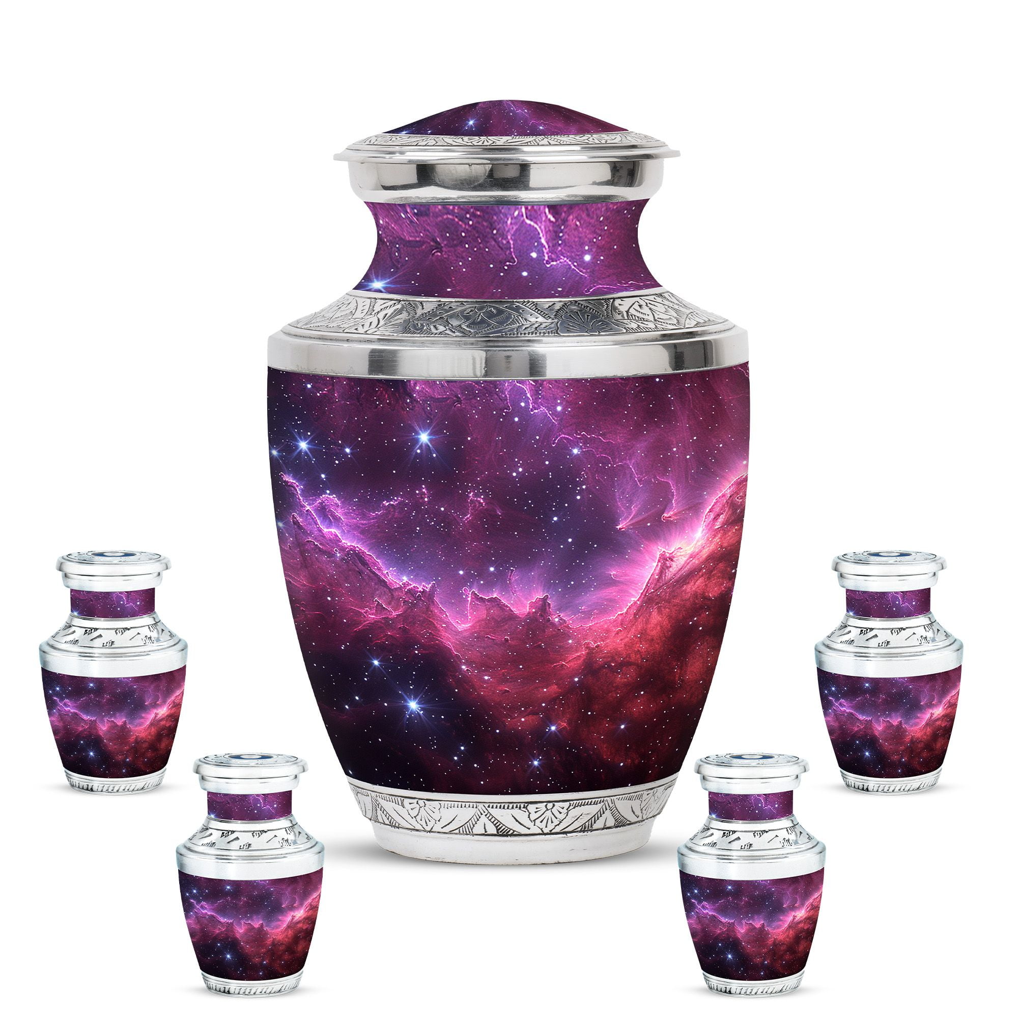 KARYLIZ Nebula Galaxy Galaxy Mini Urn - Urns for Human Ashes Adult Female Mom - Galactic Plum Small Urn for Human Ashes Keepsake - Mini Ash Holders for Human Ashes (Combo of 5, Large 10" & Small 3")