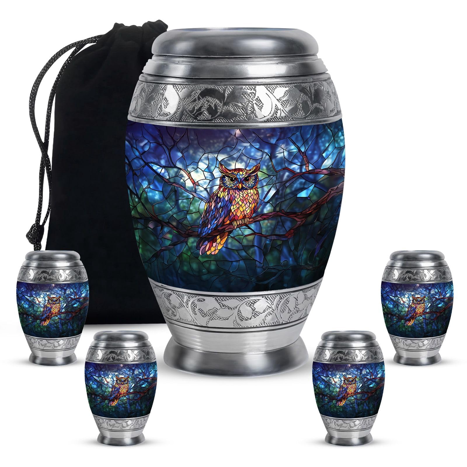 KARYLIZ Owl Decorative Urns for Human Ashes – Combo of 5 with Blue Large 10 Inch Memorial Urn for Men & 4 Tiny Cremation Urns for Women – Funeral Ash Set for Adult Male, Dad & Father Tribute