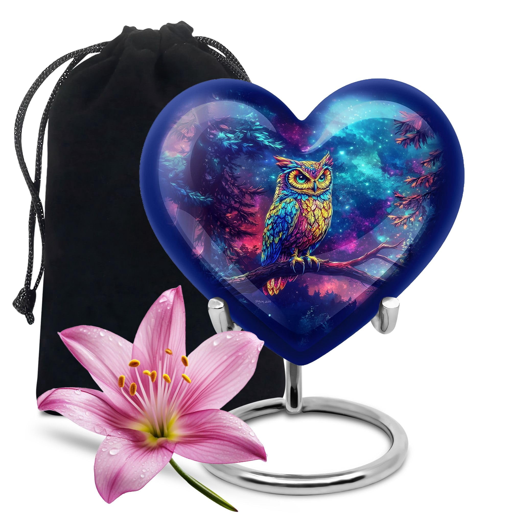 KARYLIZ Owl Large Burial Urns for Adult Human Ashes - Funeral Blue Cremation Urn Human Ashes - Memorial Heart Blue Urn for Female Mom - Decorative Urns for Adult Man 8 Inch