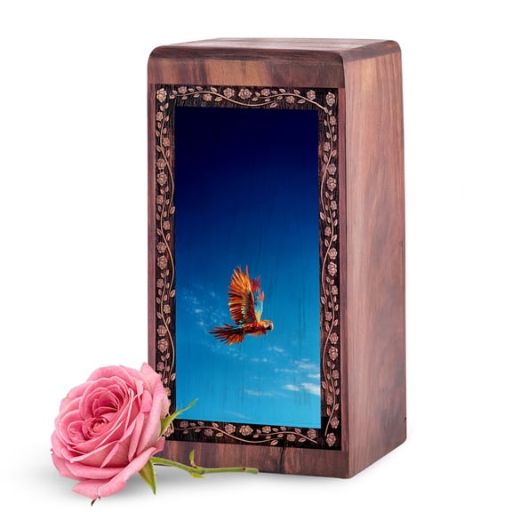 KARYLIZ Parrot Wooden Urn for Ashes 5 Inch Small - Cremation Boxes for Human Ashes - Keepsake Box for Women - Wooden Ash Boxes Cremation - Mini Blue Urn for Mother