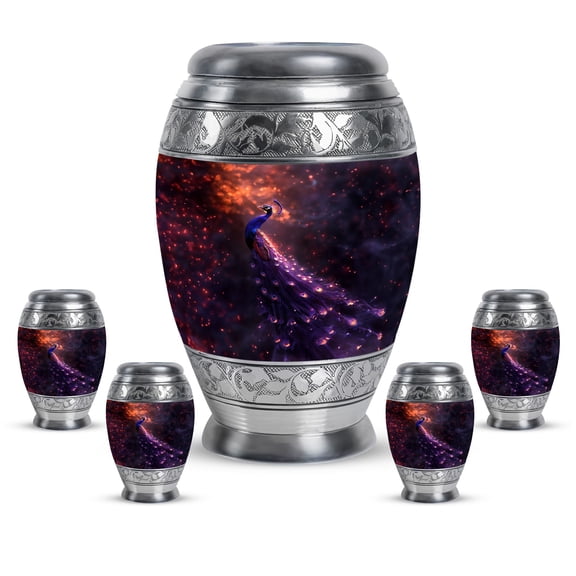 KARYLIZ Peacock Large Urn - Funeral Urns For Adult Ashes Men - Small Urn - Majestic Peacock with Sparkling Twilight Tiny Funeral for Human Ashes - Urn (Combo Of 5, Large 10 Inch & Small 3 Inch)