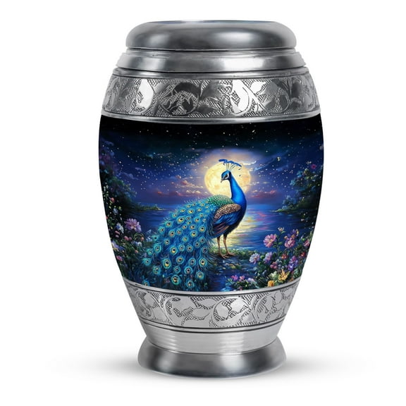 KARYLIZ Peacock Under the Moonlight Cremation Urns For Men - Floral Garden Large Funeral Urn for Ashes Adult Women - Sunset Peacock Ash Urn For Burial And Memorial Holds 200 Cubic 10 Inch