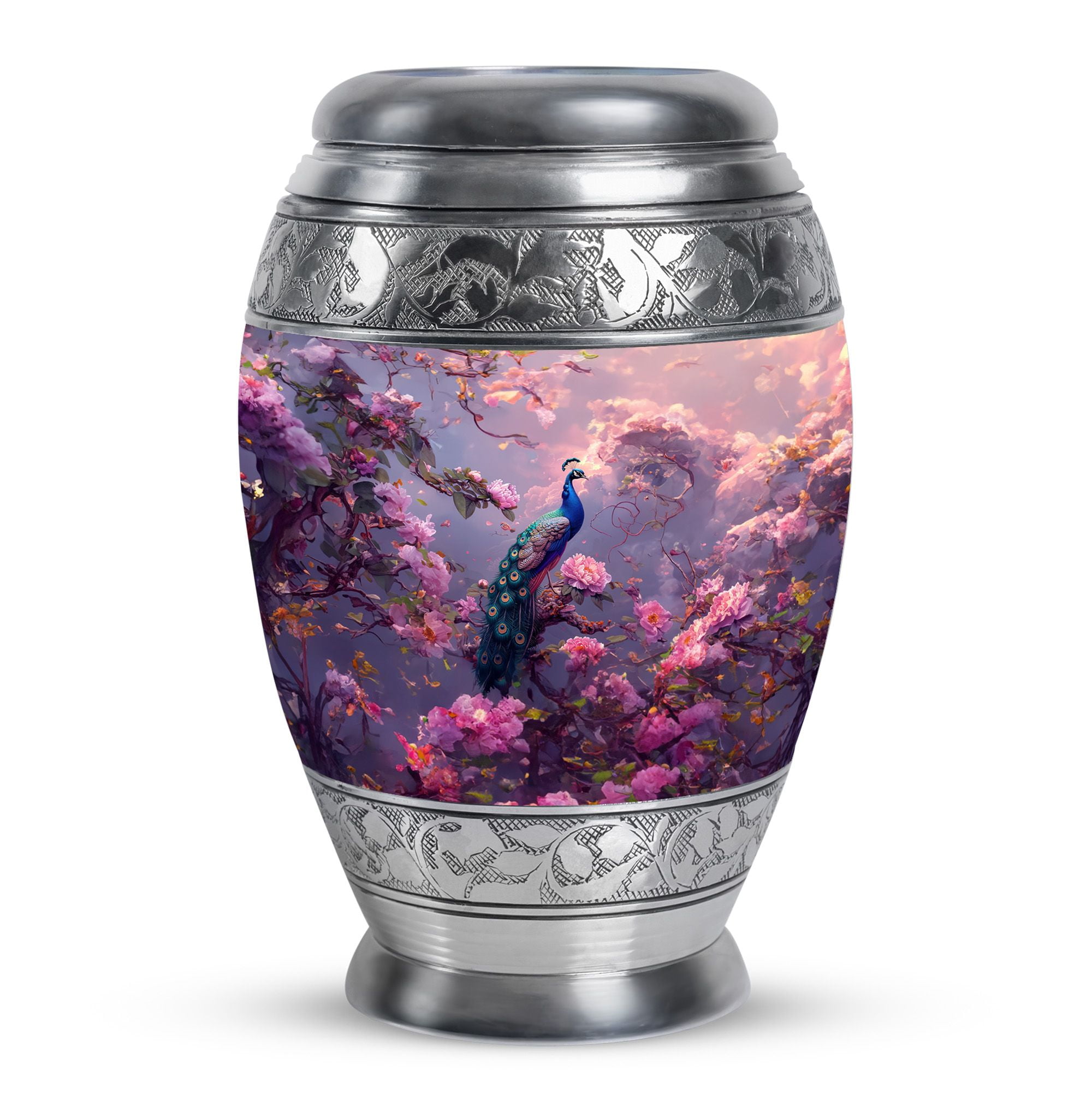 KARYLIZ Peacock Riders Urn - 10 Inch - Peacock in Cherry Blossom Garden Decorative Urns For Ashes For Women - Urn For Ashes Adult Male - Memorial Urns, Burial Funeral for Cremation of Mom & Dad
