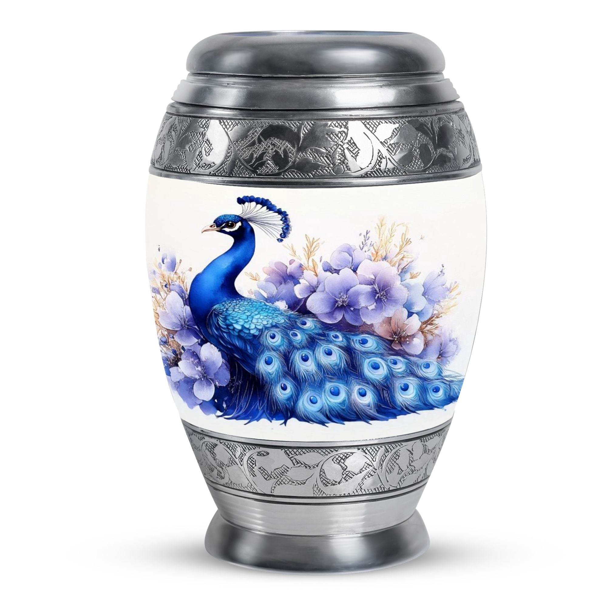 KARYLIZ Peacock Urns For Human Ashes Adult Man - Cremation Urns For Human Ashes - Purple Flowers Large Funeral Urn for Male With Velvet Bag - Blue Memorial Urn For Of Mom 10 Inch