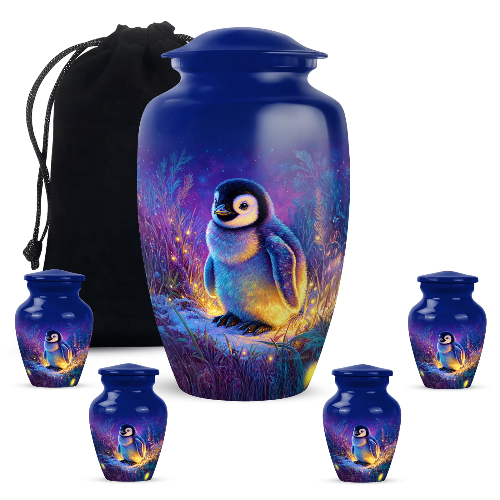 KARYLIZ Penguin Cremation Urns, Blue with Aurora Glow Burial Urn For Human Ashes Adult, Twilight Penguin Urns For Funeral Ash For Father And Mother, Decorative Urn, 1 Large 10 Inch & 4 Mini 3 Inch