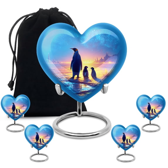 KARYLIZ Penguin Paradise Funeral Urn for Ashes Adult Men and Women - Memorial Gifts for Family - Cremation Keepsake Urns for Human Ash - Burial Urn for Cremated Remains - Set of 5, 8 Inch & 3 Inch