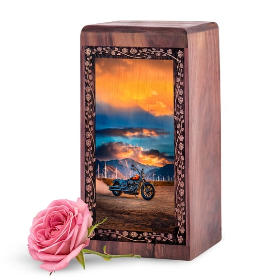 KARYLIZ Personalized Wooden Urn for Human Ashes - Small Motorcycle Urn for Ashes for Women & Man - Engraved Urns for Adult Male - 5 Inch - Engraved Wooden Memory Box