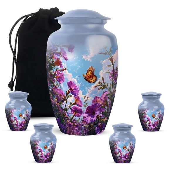 KARYLIZ Petunia Urns for Human Ashes - Blooming Sky Cremation Boxes for Human Ashes - Memorial Blue Urns for Human Ashes Adult Male Dad - Butterfly Funeral Urn for Women & Men (Set of 5, 10" & 3")