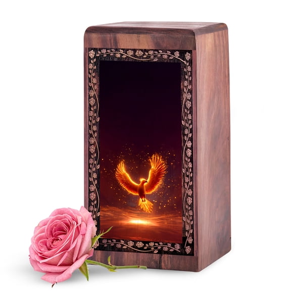 KARYLIZ Phoenix Wooden Urns for Human Ashes Adult - 5 Inch Small Wooden Cremation Urn for Ashes - Wood Urns for Adult Man - Keepsake Wood Box - Brown Engraved Urn for Infant