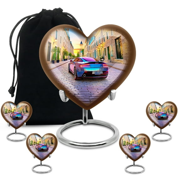 KARYLIZ Pink Car Urn for Ashes Adult Male - Heart Shaped Cremation Urns for Human Ashes Adult Man - Mini Keepsake Urn for Women - Funeral Urns for Mom & Dad Memorial (8 Inch & 3 Inch, Set of 5)