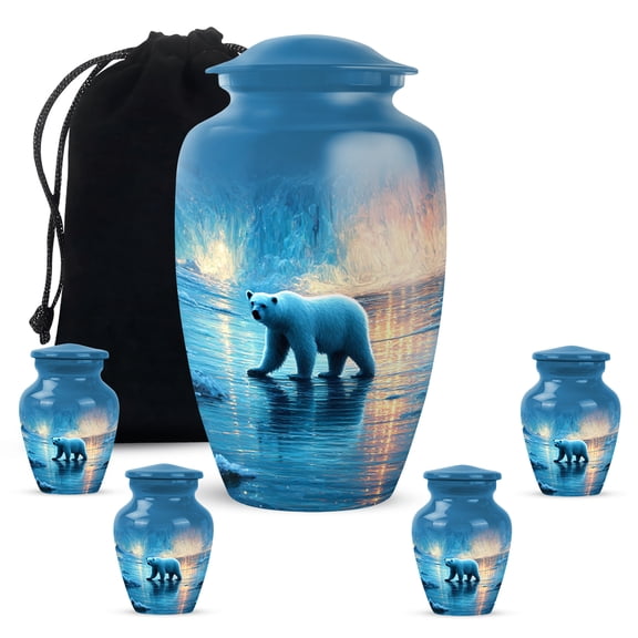 KARYLIZ Polar Bear Funeral Urn for Sister & Brother, Blue Funeral & Burial Urns for Ashes, Twilight Walk Decorative Urn for Family,Cremation Keepsake Memorial Urns Combo 10 Inch & 3 Inch, Set of 5